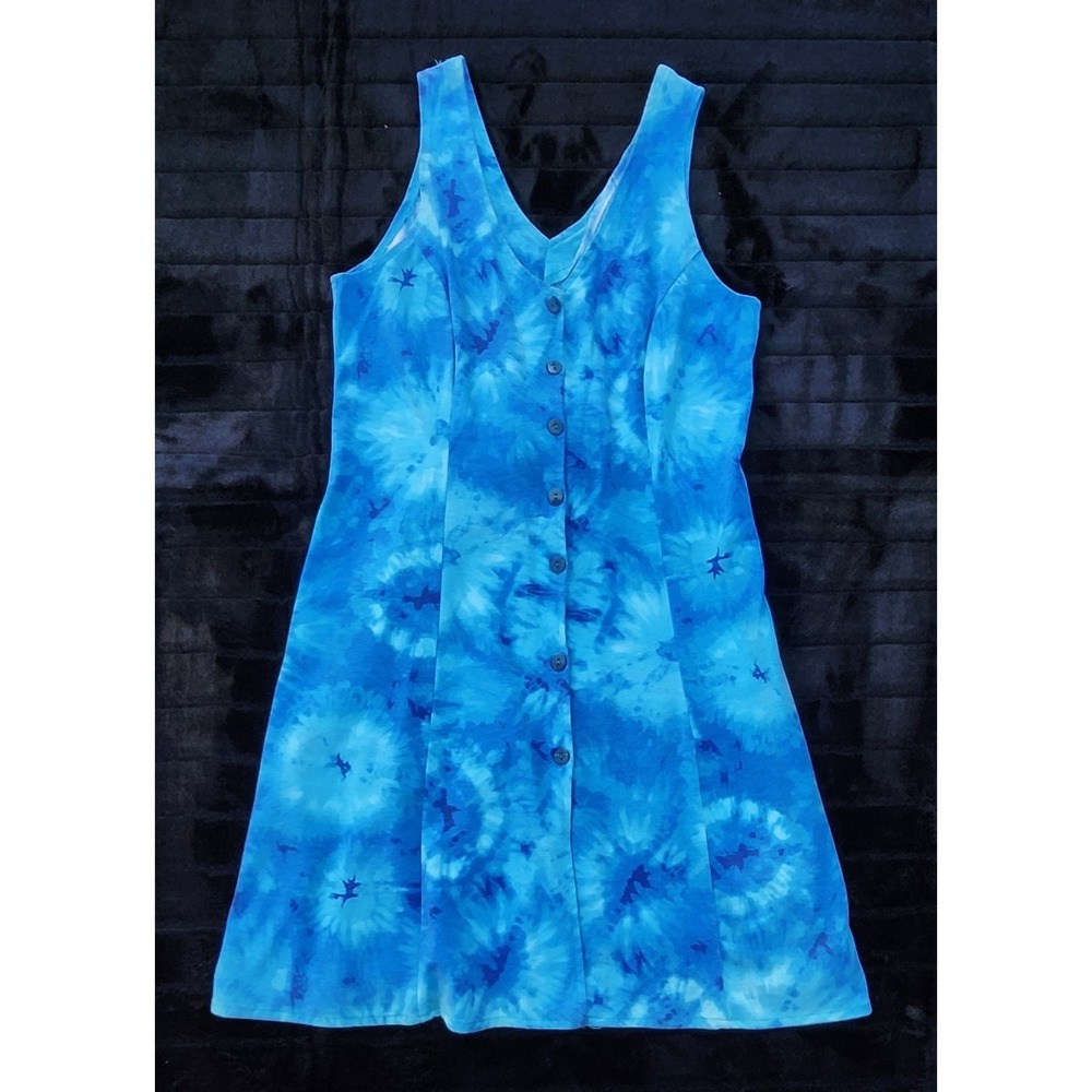 Illusions Blue Tie Dye Button Front Dress Vintage Sleeveless Size M Made In USA